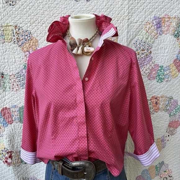 Talbots Tops - Upcycled Re-worked Talbots Hot Pink Polka Dot Fitted Ruffle Collar Shirt L